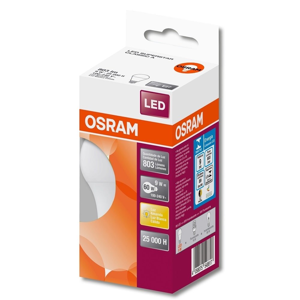 Lâmpada LED Osram 9W Luz Amarela E27 3,0K 25000H 803 Lumens Bivolt