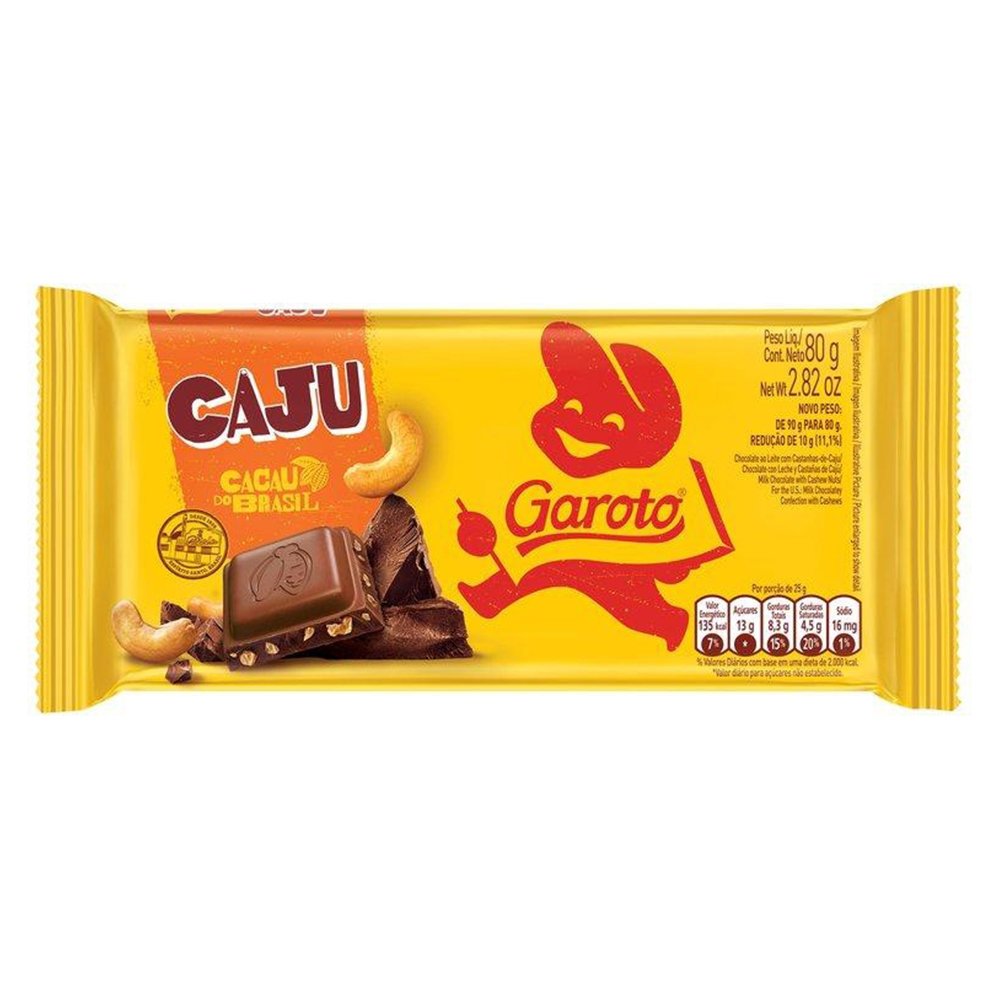 Chocolate Garoto Castanha Caju Tablete 80g - Embalagem com 16 Unidades