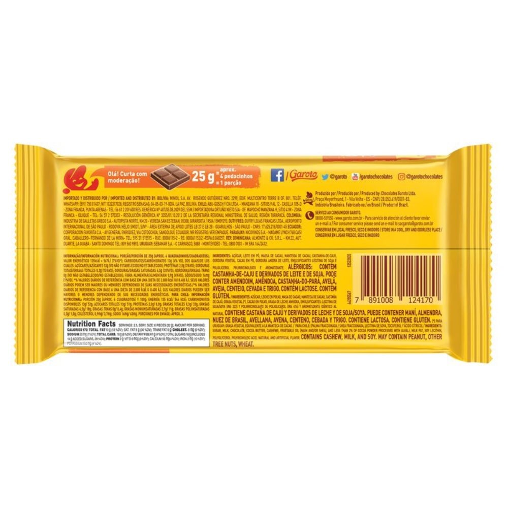 Chocolate Garoto Castanha Caju Tablete 80g - Embalagem com 16 Unidades