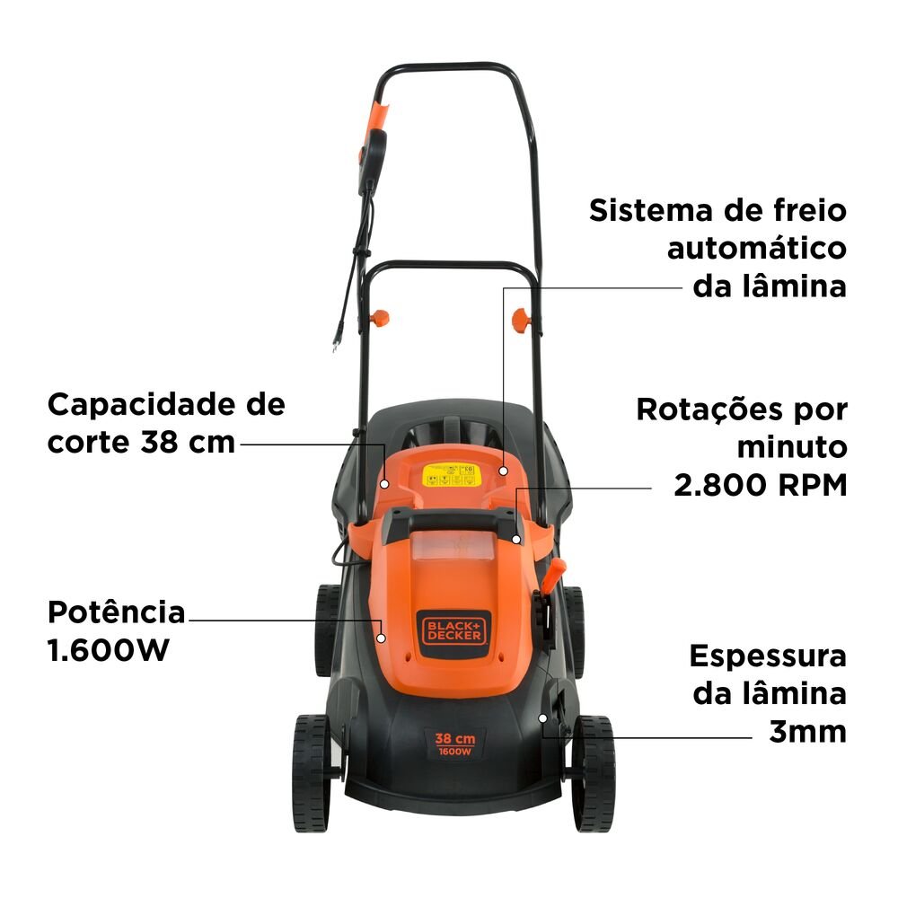 Cortador de Grama de 38cm 1600W com Coletor 45L Motor Indução Black+Decker GR3800BR 127V