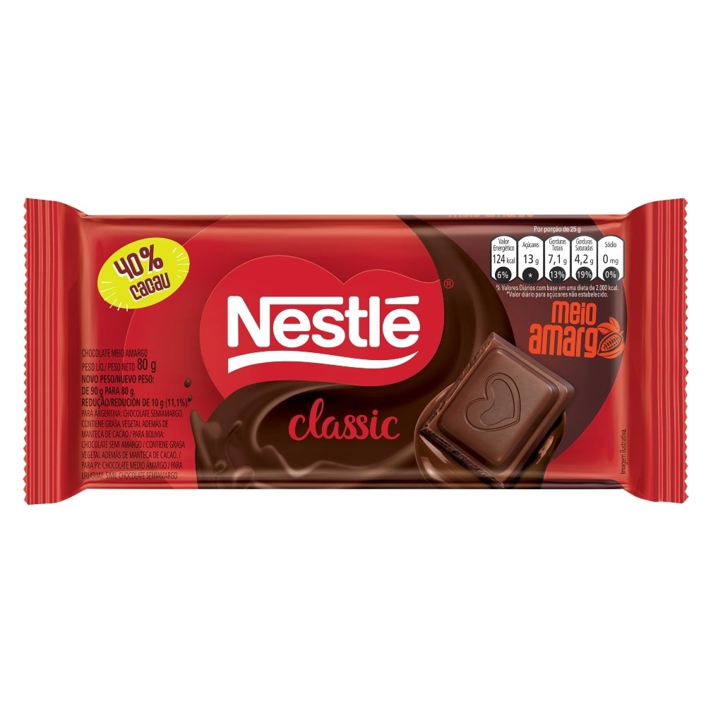 Chocolate Nestlé Classic Meio Amargo Tablete 80g - Embalagem com 16 Unidades
