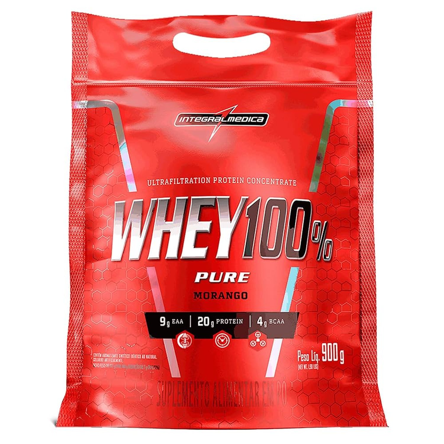Whey 100% Pure Morango Refil 900G Integralmedica