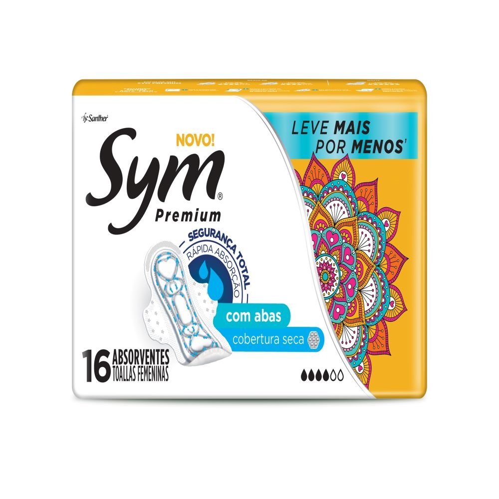 Absorvente Sym Premium Seca com Abas - Embalagem c/ 16 Unidades