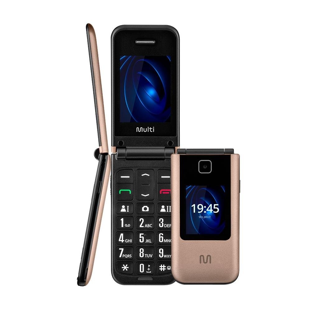 Celular Multilaser Flip Vita Duo Dual Chip com duas telas + Botão sos + Rádio fm + MP3 + Bluetooth + Câmera P9163 Dourado