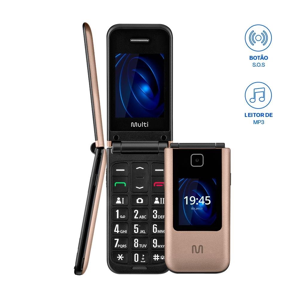 Celular Multilaser Flip Vita Duo Dual Chip com duas telas + Botão sos + Rádio fm + MP3 + Bluetooth + Câmera P9163 Dourado