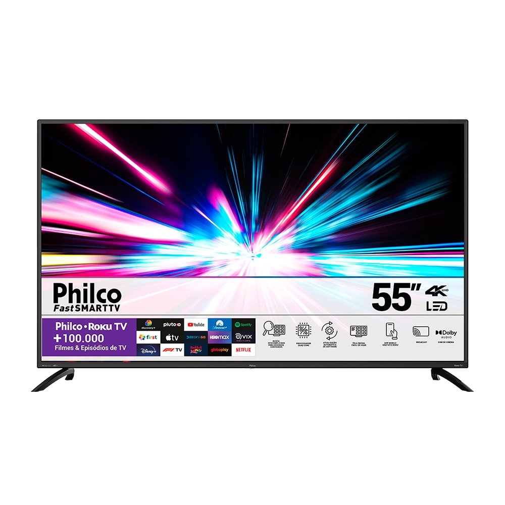 Smart TV LED 55" Philco PTV55G52R2C Roku, Dolby, 4K UHD HDR10, Wi-Fi, 4 HDMI, 2 USB, Netflix, 60Hz