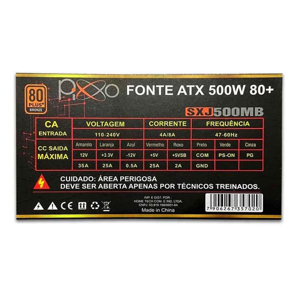 Fonte De Alimentacao Pixxo Atx 500w 80plus Bronze C/ Cabo - Sxj500mb