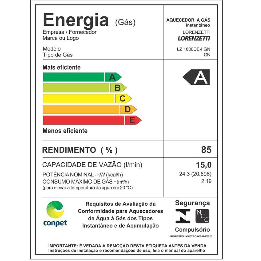 Aquecedor a Gás LZ 1600DE-I GN 15Litros Inox Lorenzetti
