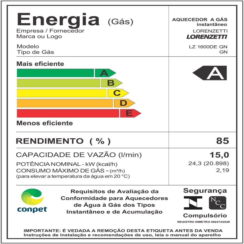 Aquecedor a Gás Lorenzetti Digital - LZ1600DE GAS GN 15L