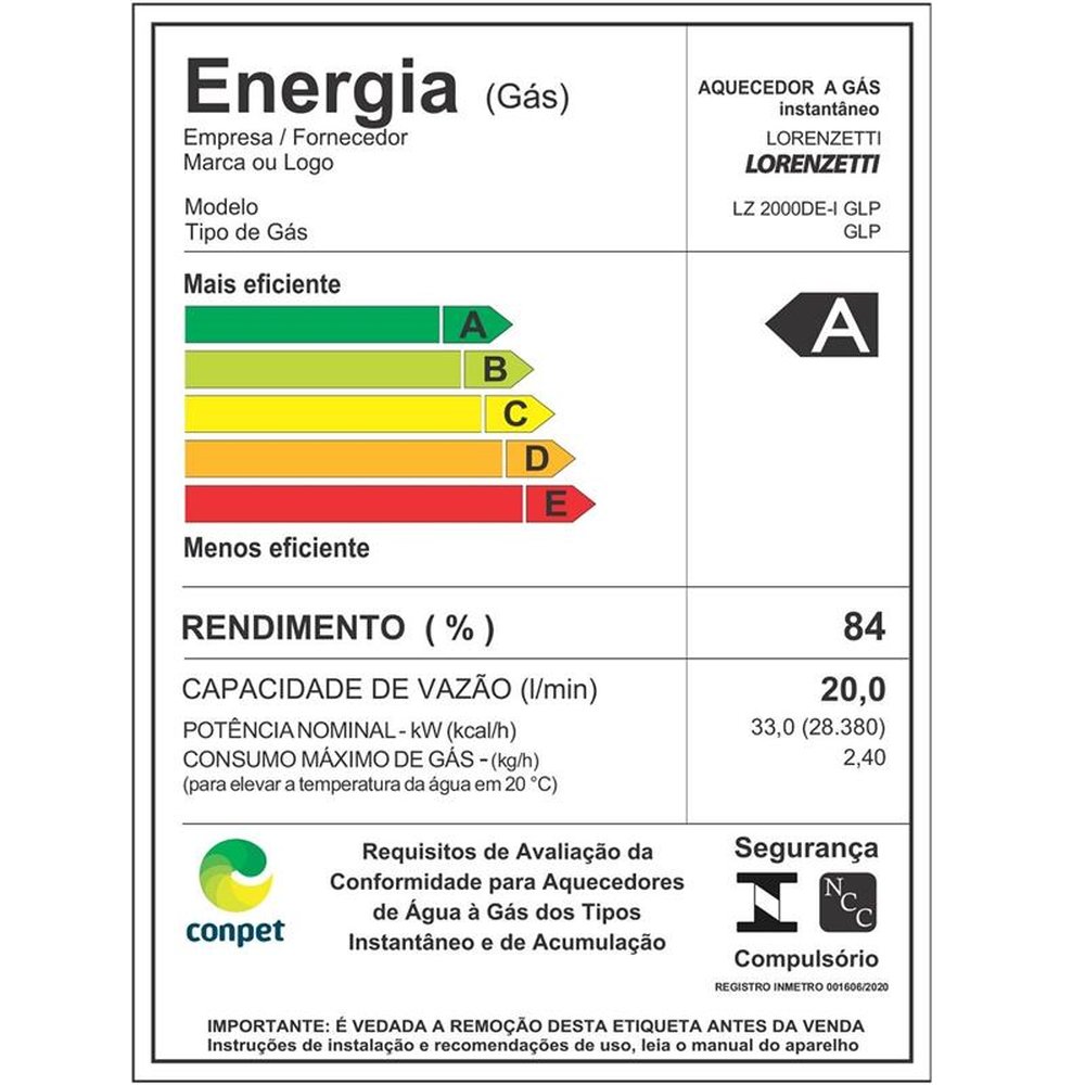 Aquecedor a Gás LZ 2000DE-I GLP 20Litros Inox Lorenzetti