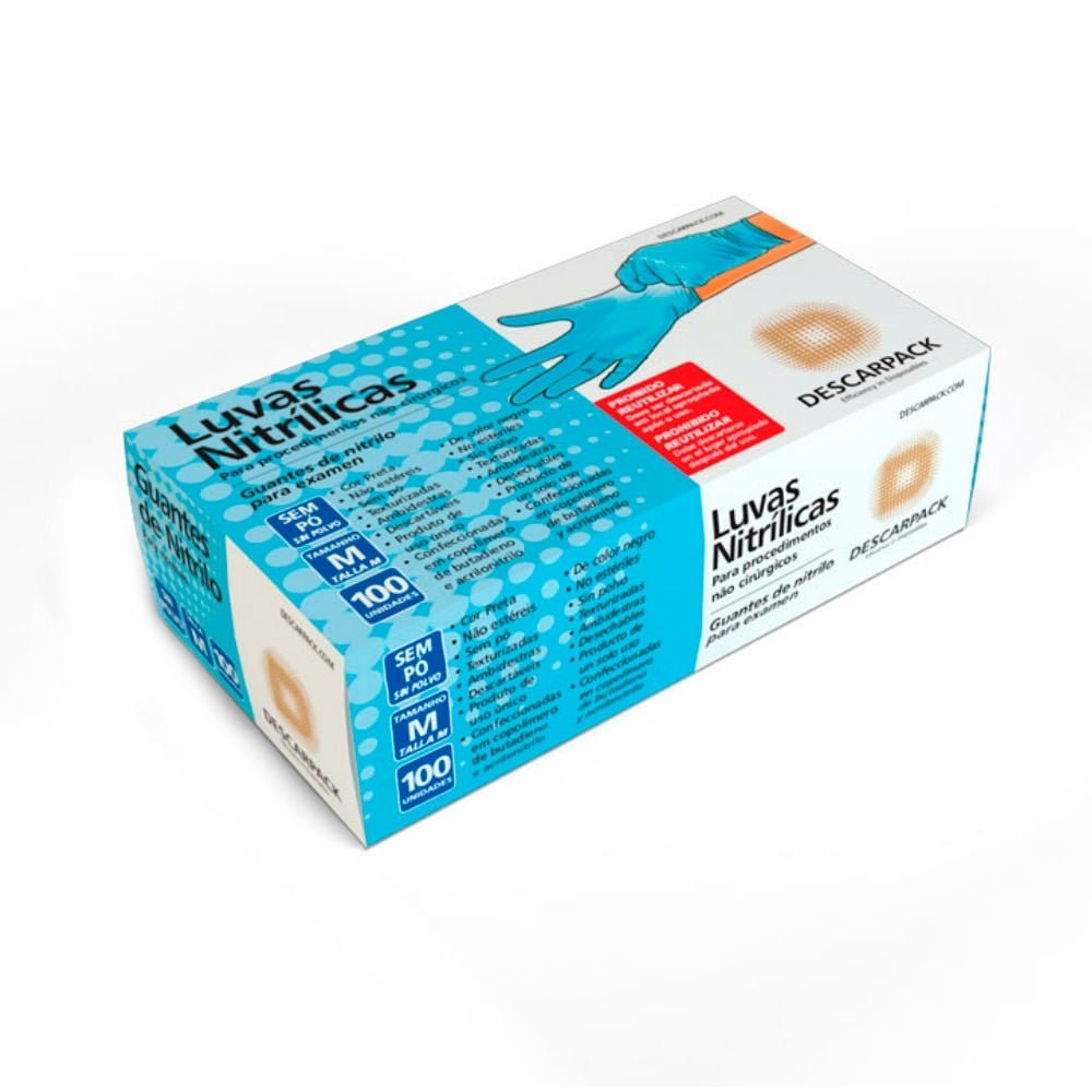 Luva Descarpack Nitrilica Azul Tamanho Médio - Embalagem com 100 unidades