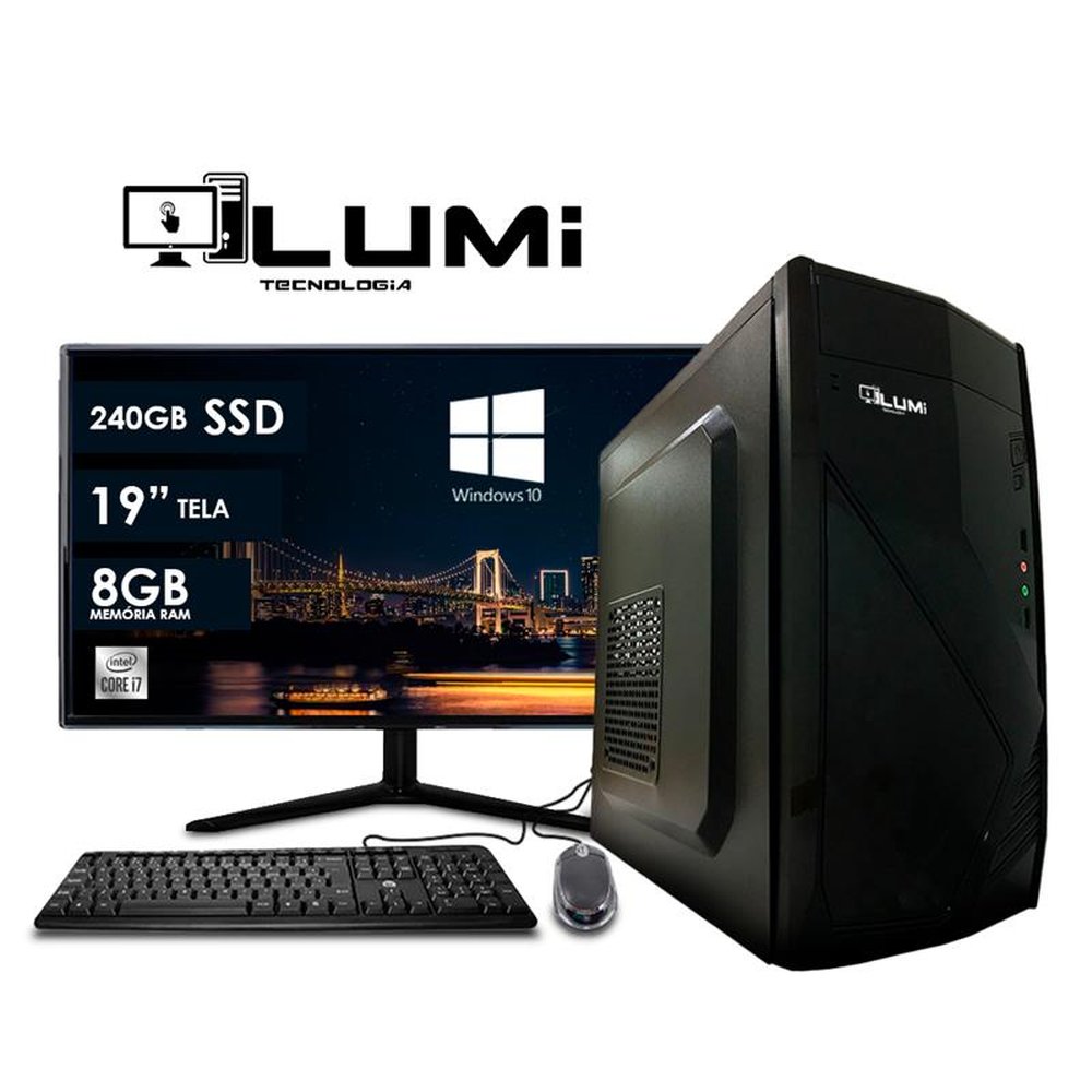 Computador Desktop + Monitor LCD 19¿ Intel Core I7 8GB 240GB SSD Windows 10 + Teclado e Mouse - Lumitec