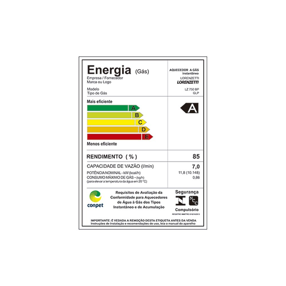 Aquecedor de Água a Gás Lorenzetti GLP LZ-750BP GLP