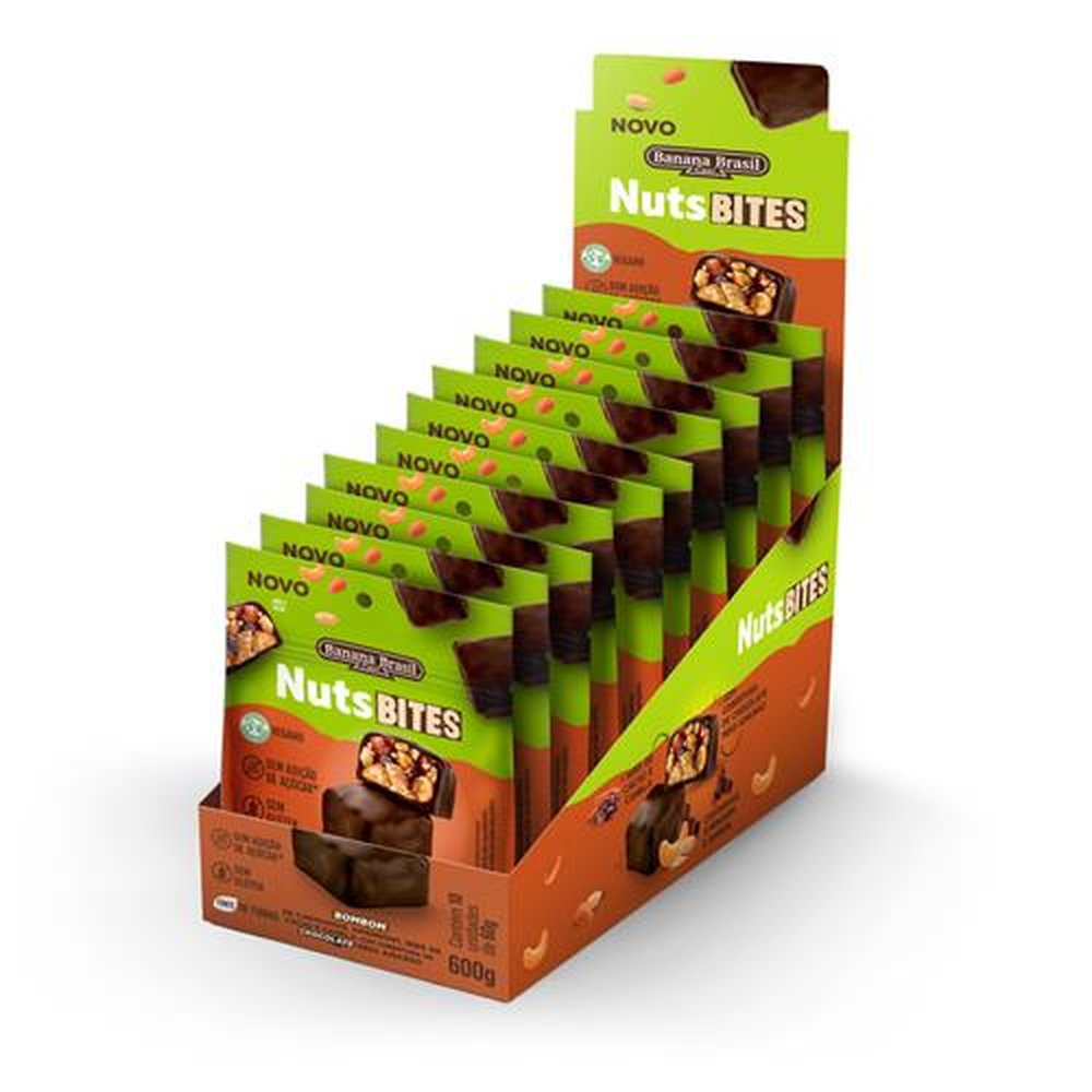 NutsBITES - Bombom de Castanhas, Amendoim, Nibs de Cacau e Canela, Cobertura Chocolate Meio Amargo - Vegano 60g - Display com 10 unidades
