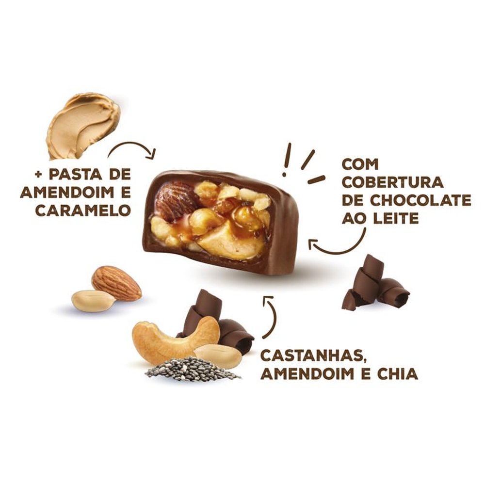 NutsBITES - Bombom de Castanhas, Pasta de Amendoim e Caramelo Cobertura Chocolate ao Leite 15g - Display com 26 unidades