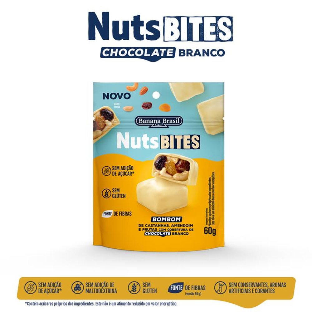 NutsBITES - Bombom de Castanhas, Amedoim e Frutas com Chocolate Branco 60g - Display com 10 unidades