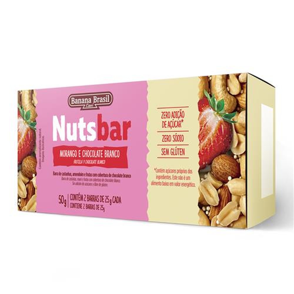 Nutsbar - Barra de Castanhas, Morango e Chocolate 25g - Pack com 2 unidades - Cx c/ 30 Pack