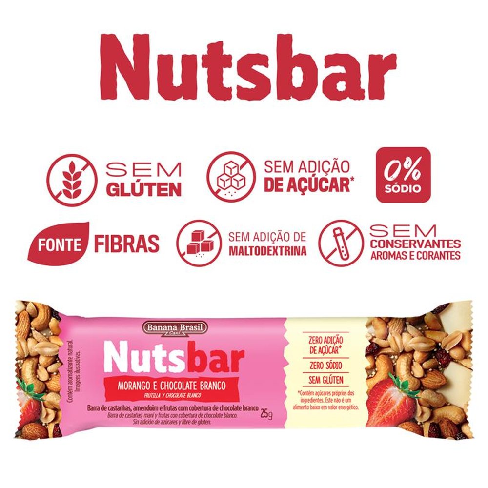 Nutsbar - Barra de Castanhas, Morango e Chocolate 25g - Pack com 2 unidades - Cx c/ 30 Pack