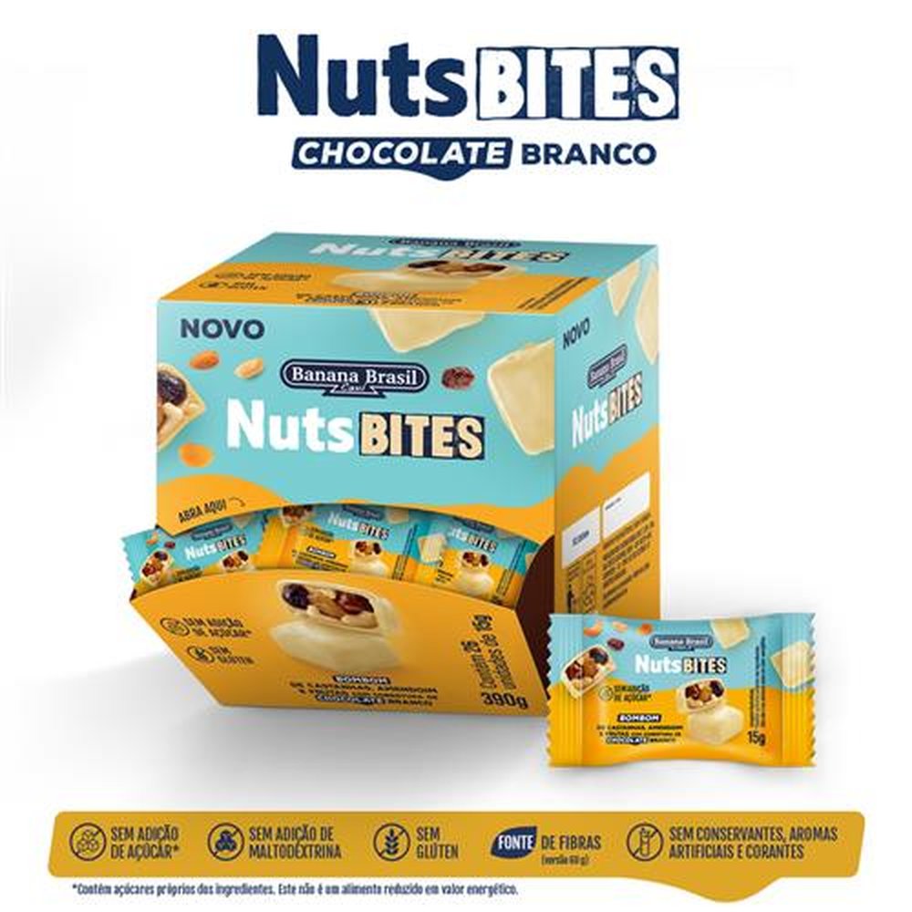 NutsBITES - Bombom de Castanhas, Amedoim e Frutas com Chocolate Branco 15g - Display com 26 unidades