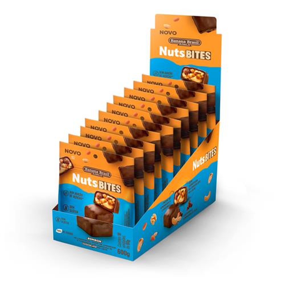 NutsBITES - Bombom de Castanhas, Pasta de Amendoim e Caramelo Cobertura Chocolate ao Leite 60g - Display com 10 unidades