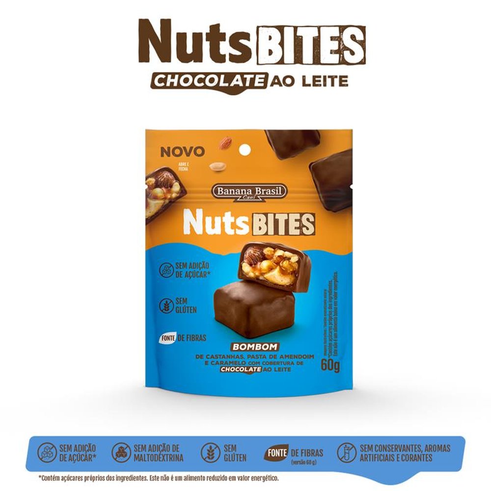 NutsBITES - Bombom de Castanhas, Pasta de Amendoim e Caramelo Cobertura Chocolate ao Leite 60g - Display com 10 unidades