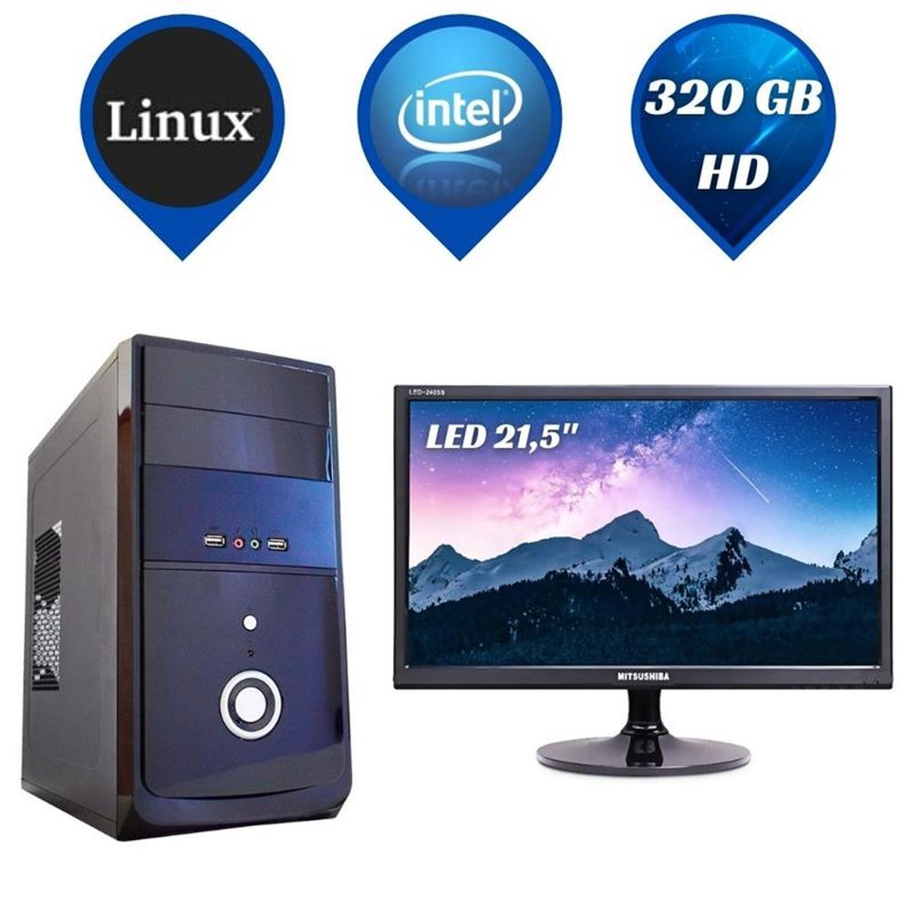 PC Desktop Everex Intel Dual Core, 4GB Memória, 320GB HD e Linux + Monitor LED 21,5"