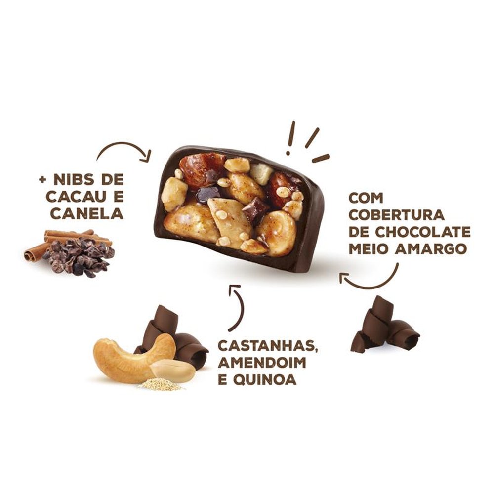 NutsBITES - Bombom de Castanhas, Amendoim, Nibs de Cacau e Canela, Cobertura Chocolate Meio Amargo - Vegano 15g - Display com 26 unidades