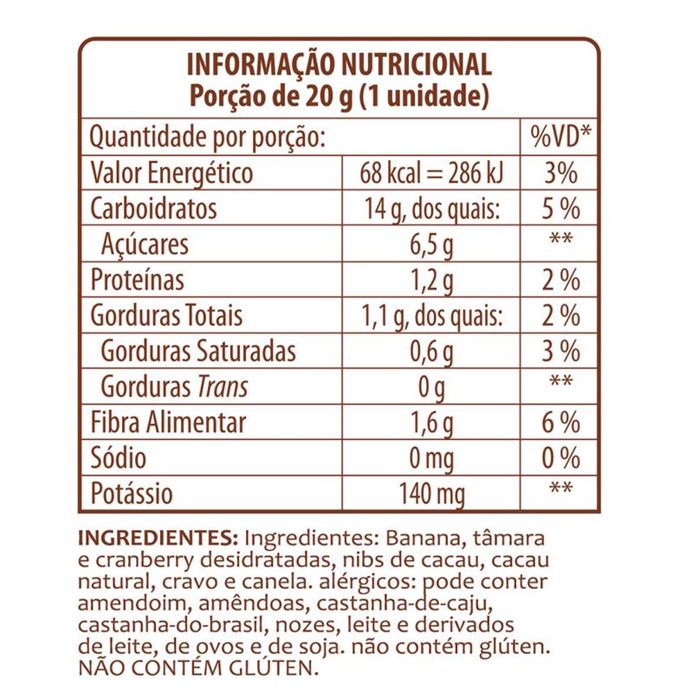 Barra Só Frutas Banana, Tâmara, Cranberry, Nibs de Cacau, Cacau, Cravo e Canela 20g - Display com 24 unidades