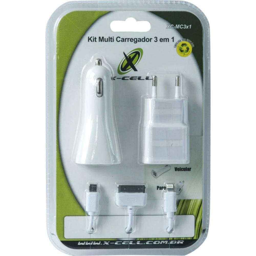 Kit Carregador 3 em 1 Micro USB/Lightning/Doc XC-MC3X1 Branco X-CELL Un.Venda: PC/1