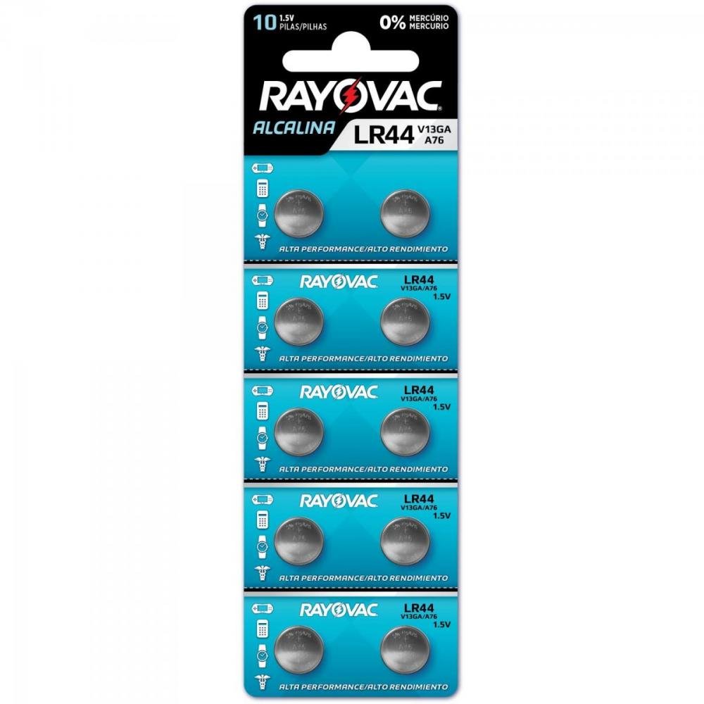 Pilha Alcalina LR44 V13GA (Cartela c/10 pilhas) RAYOVAC Un.Venda: CAR/10