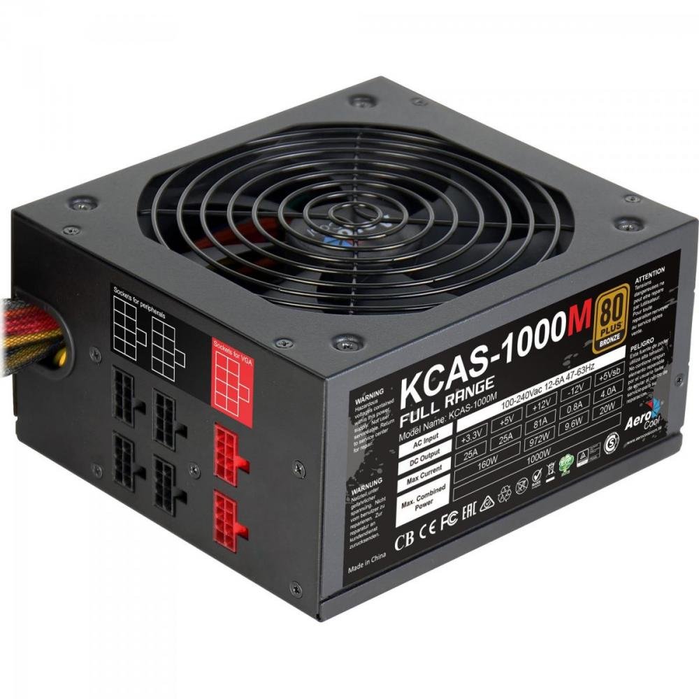 Fonte ATX KCAS 1000W Semi Modular Full Range 80 Plus Bronze PFC Ativo AEROCOOL Un.Venda: PC/1