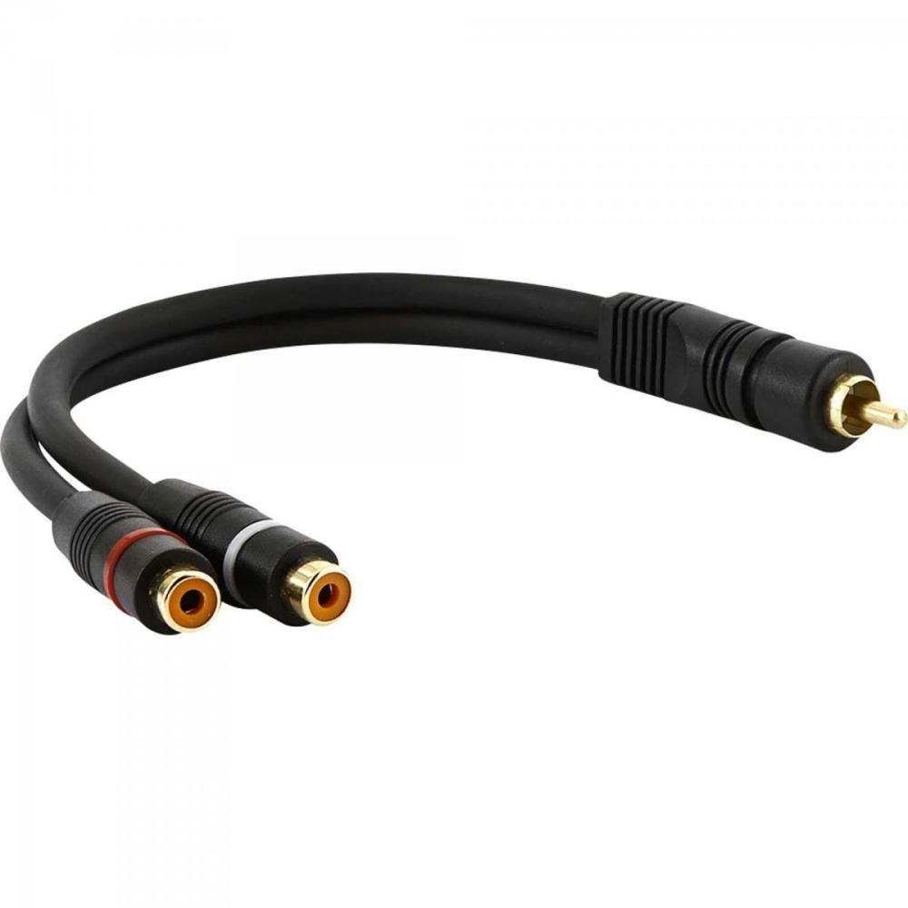 Cabo 2RCA Fêmea X 1RCA Macho 5mm 25cm Preto e Dourado Mxt Un.Venda: PC/1