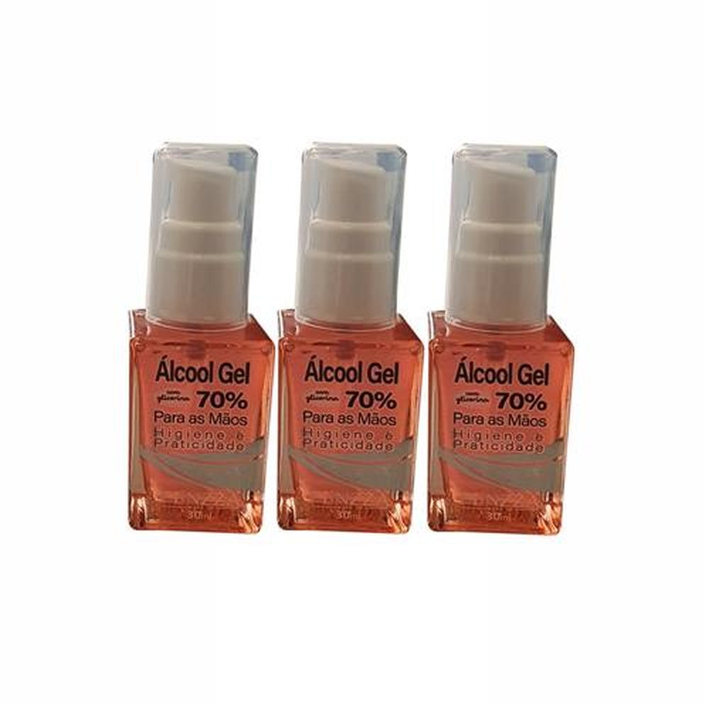 Kit 3 alcool gel 70º 30 ml com Glicerina Rosa Vidro