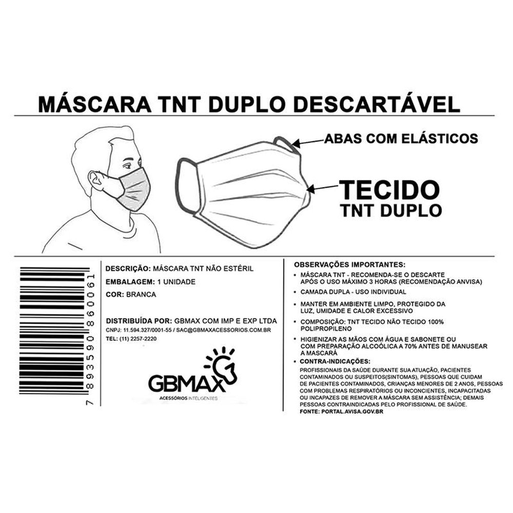 Kit 10 Máscaras TNT duplo com elástico 40g Branco Descartável