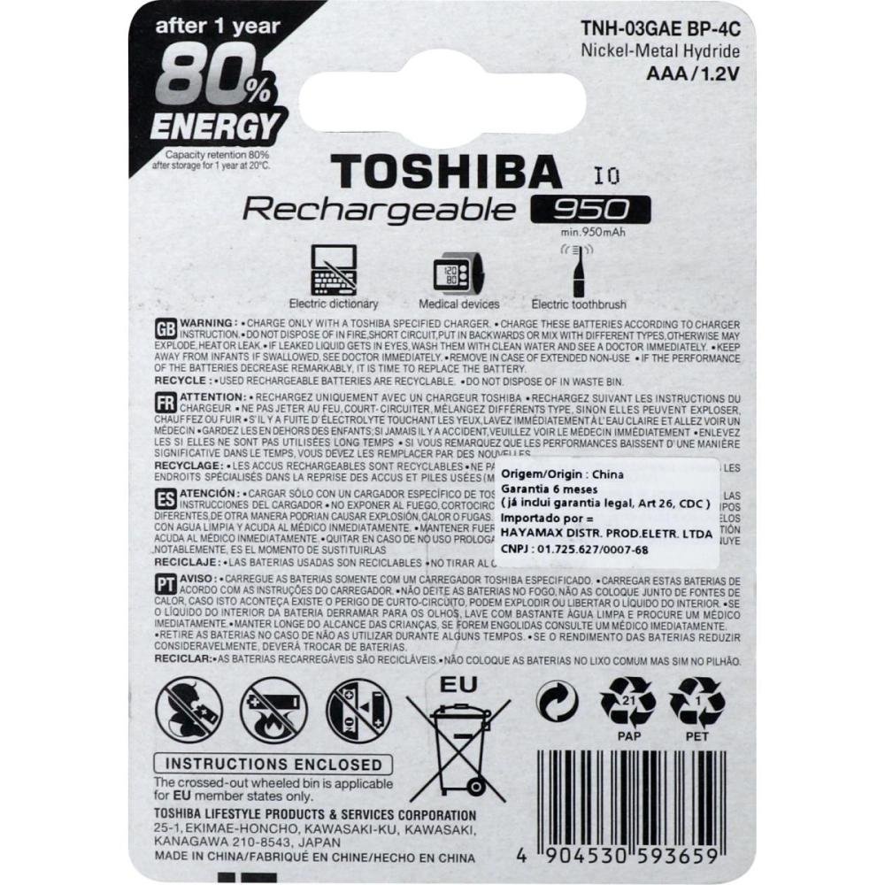 Pilha Recarregável AAA 1,2V 950mAh TNH03GAE Toshiba - Cartela com 4 unidades