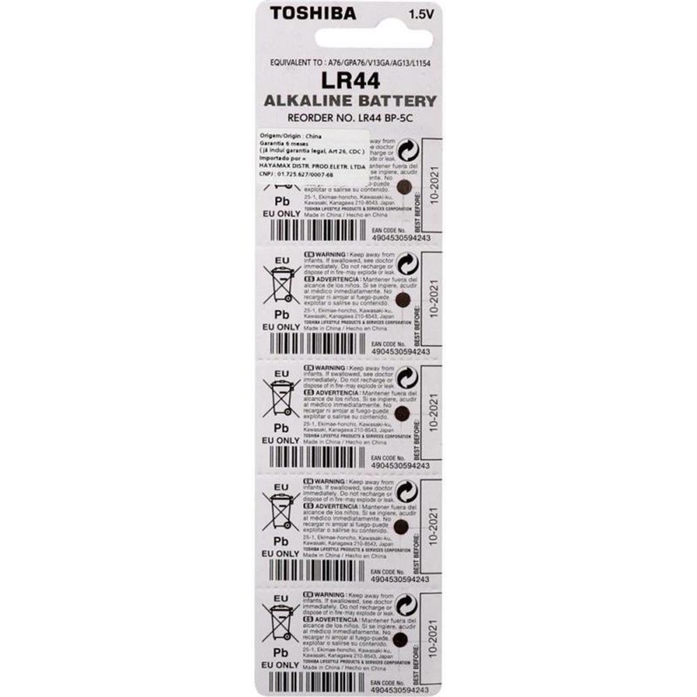 Pilha Botão Alcalina 1,5V LR44 Toshiba - Cartela com 5 pilhas