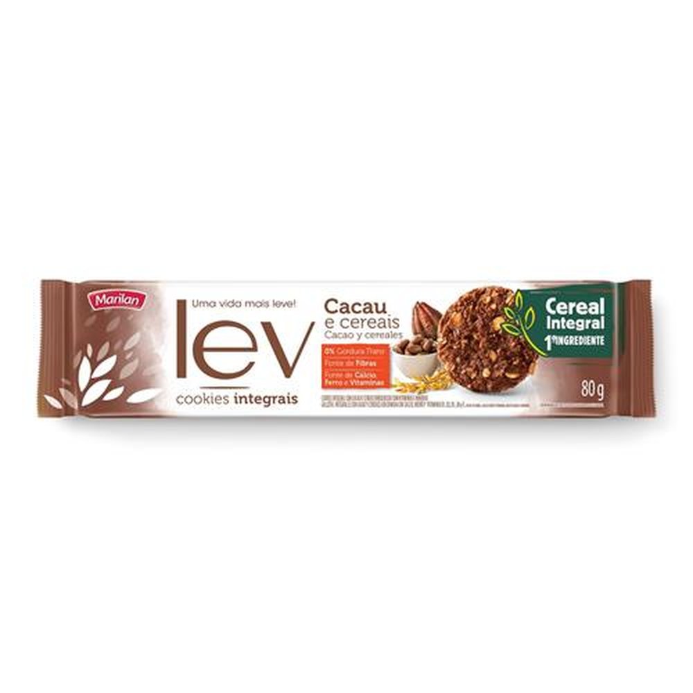 Biscoito Lev Cookie Integral Cacau e Cereais 80g (caixa com 42 unidades)