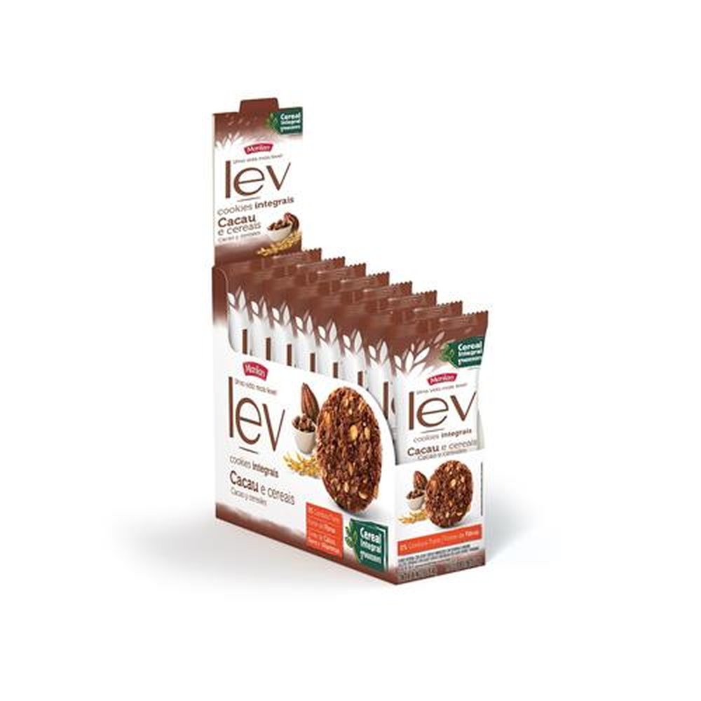 Biscoito Lev Cookie Integral Cacau e Cereais display com 8 unidades de 40g (caixa com 6 displays)