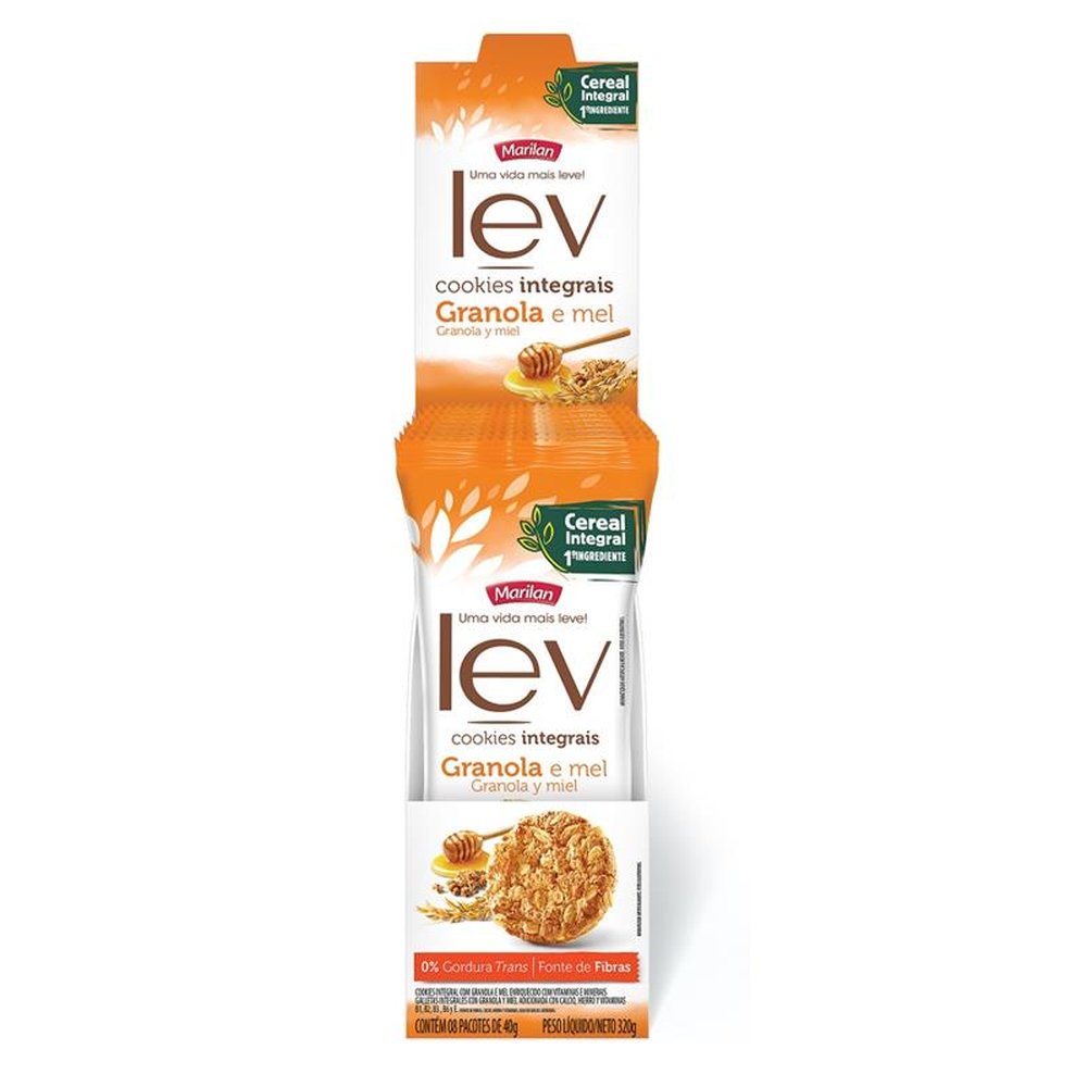 Biscoito Lev Cookie Integral Granola e Mel display com 8 unidades de 40g (caixa com 6 displays)