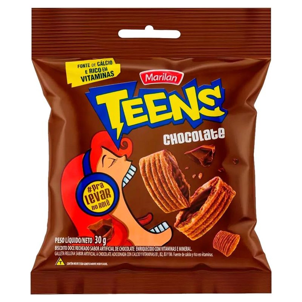 Biscoito Marilan Teens Recheado Chocolate 30g - 12 Embalagens com 8 Unidades cada