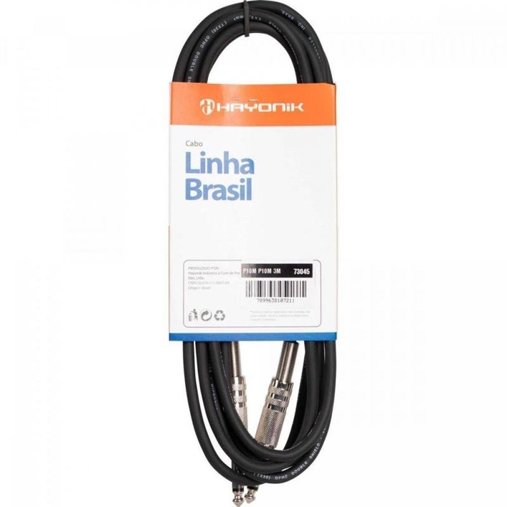 Cabo para Instrumentos P10 x P10 3m Preto - Linha Brasil Hayonik