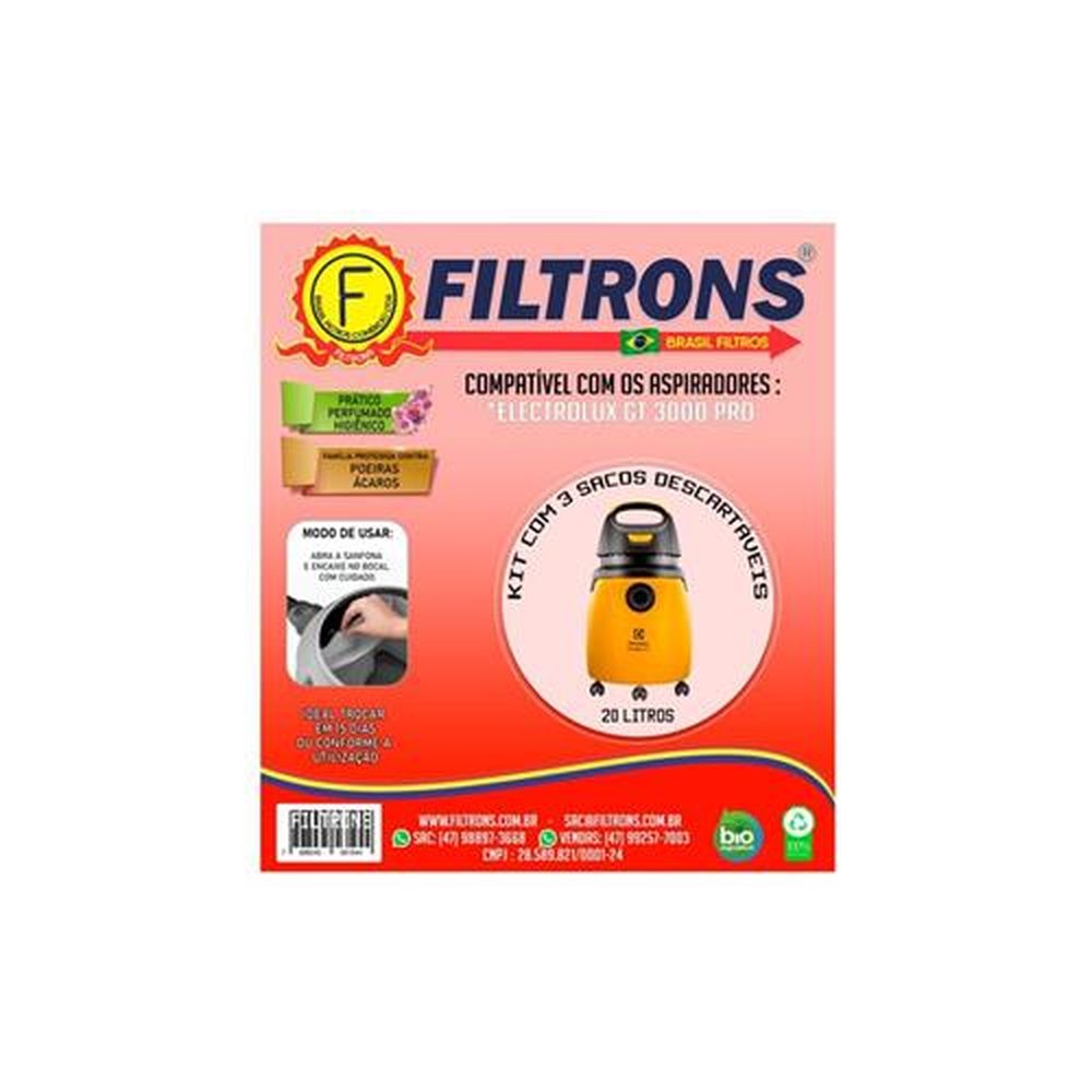 Filtro para Aspirador de Po Electrolux GT-3000 Pro com 3 peças Filtrons