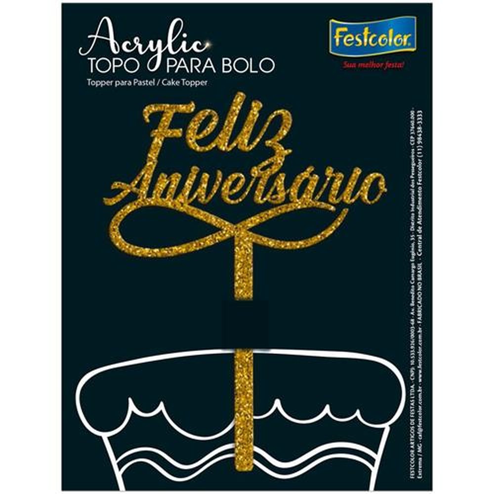 Topo Acrylic Feliz Aniversario Glitter Dourado