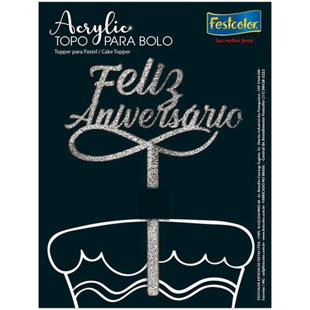 Topo Acrylic Feliz Aniversario Glitter Prateado
