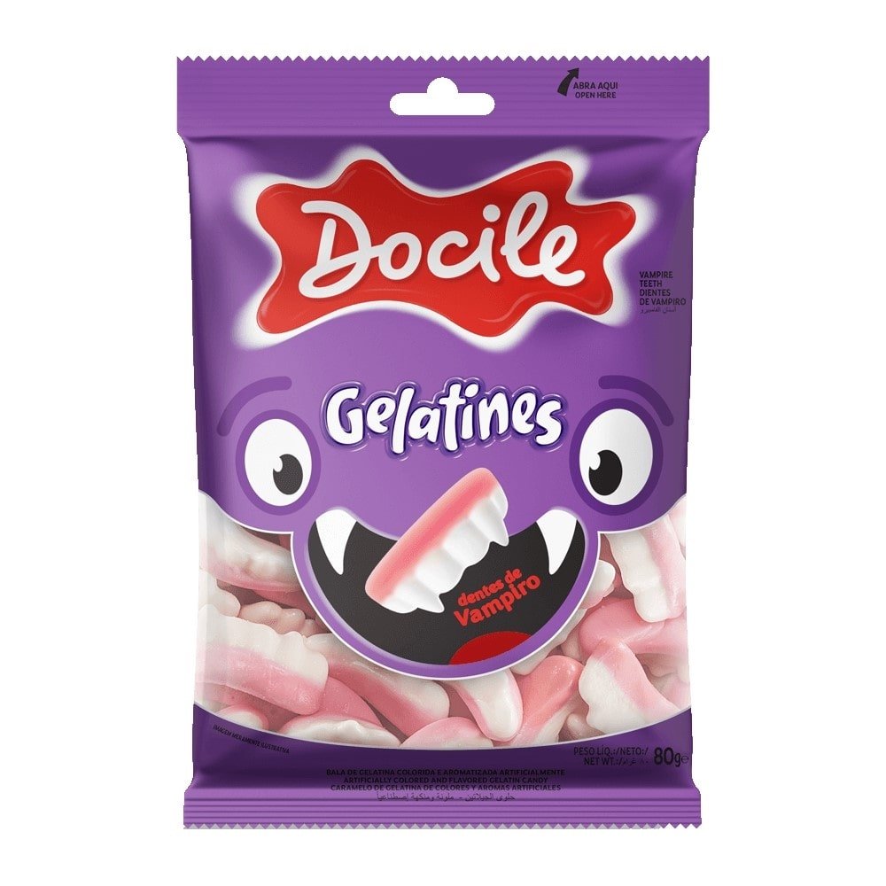 Bala Doce Gelatina Dentes Vampiros Citricos 80g - Embalagem com 12 Unidades