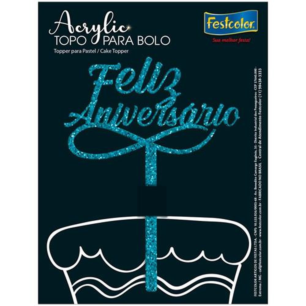 Topo Acrylic Feliz Aniversario Glitter Azul