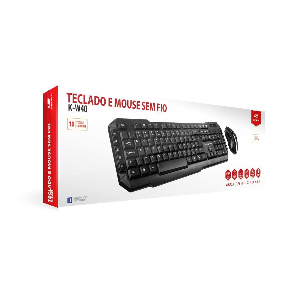 Kit Teclado e Mouse Sem Fio C3Tech K-W40BK Preto