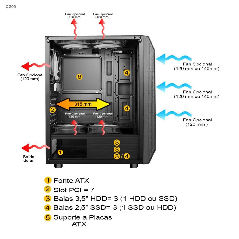 Gabinete gamer pixxo cg05 atx sem fonte preto