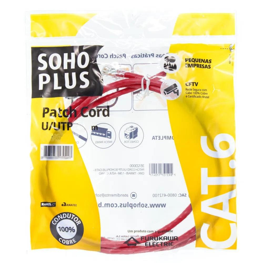 Patch Cord Cat.6 U/utp Furukawa Sohoplus, 1.5 Metros, T568a, Cmx - Vermelho - 35123008