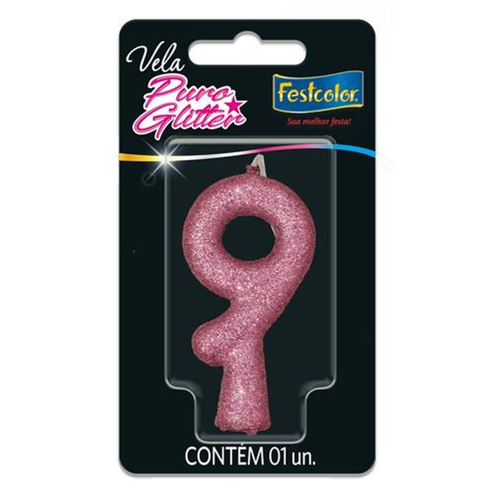 Vela Puro Glitter Rosa N 9 - Embalagem com 1 unidade.